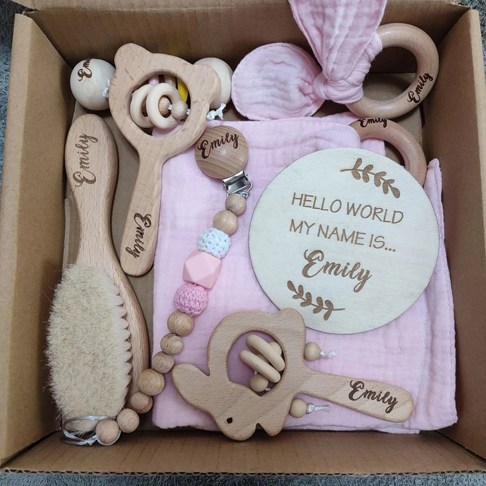 Bunny teething ring and wooden hairbrush baby gift