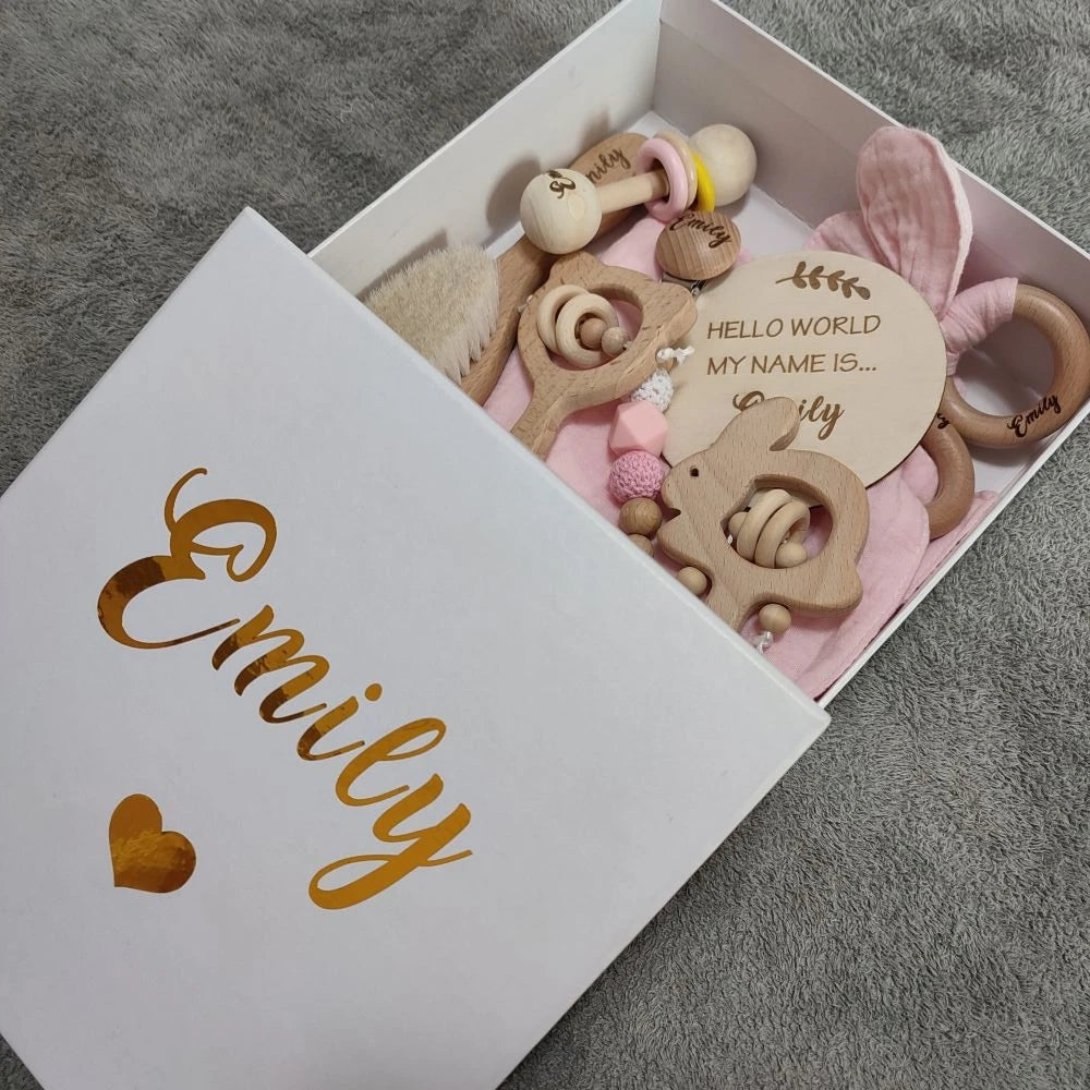 Natural wood baby rattle set close-up