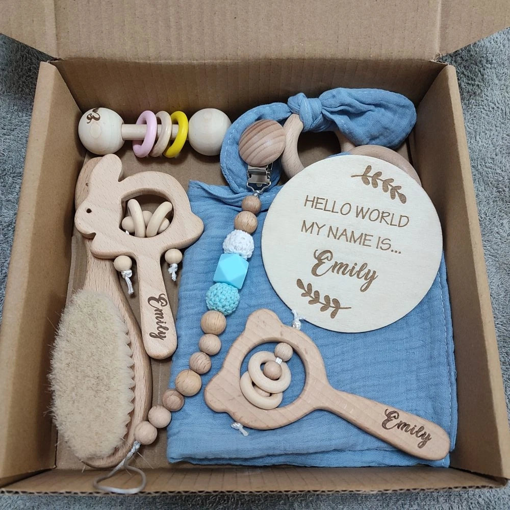 Engraved name plaque – personalized baby gift set