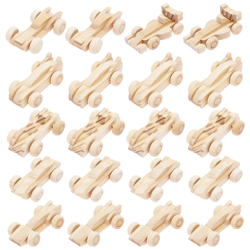 Wooden toy cars close-up showing natural wood finish