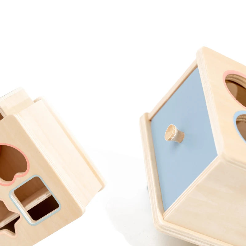 Wooden shape sorter and coin slot toy for toddlers
