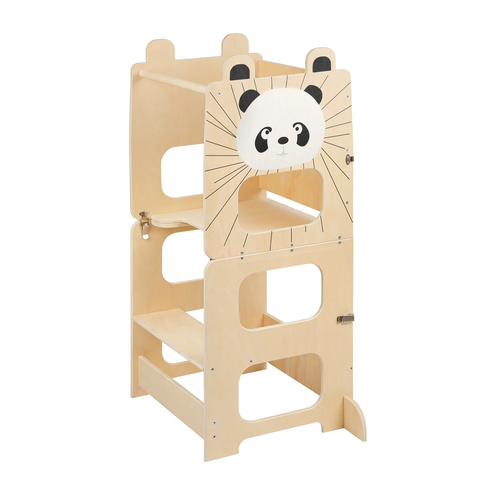 Child standing on Montessori learning tower at kitchen counter