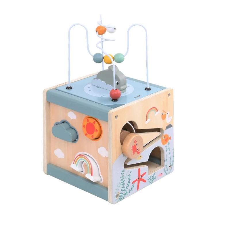 5-in-1 wooden activity cube full view – natural wood