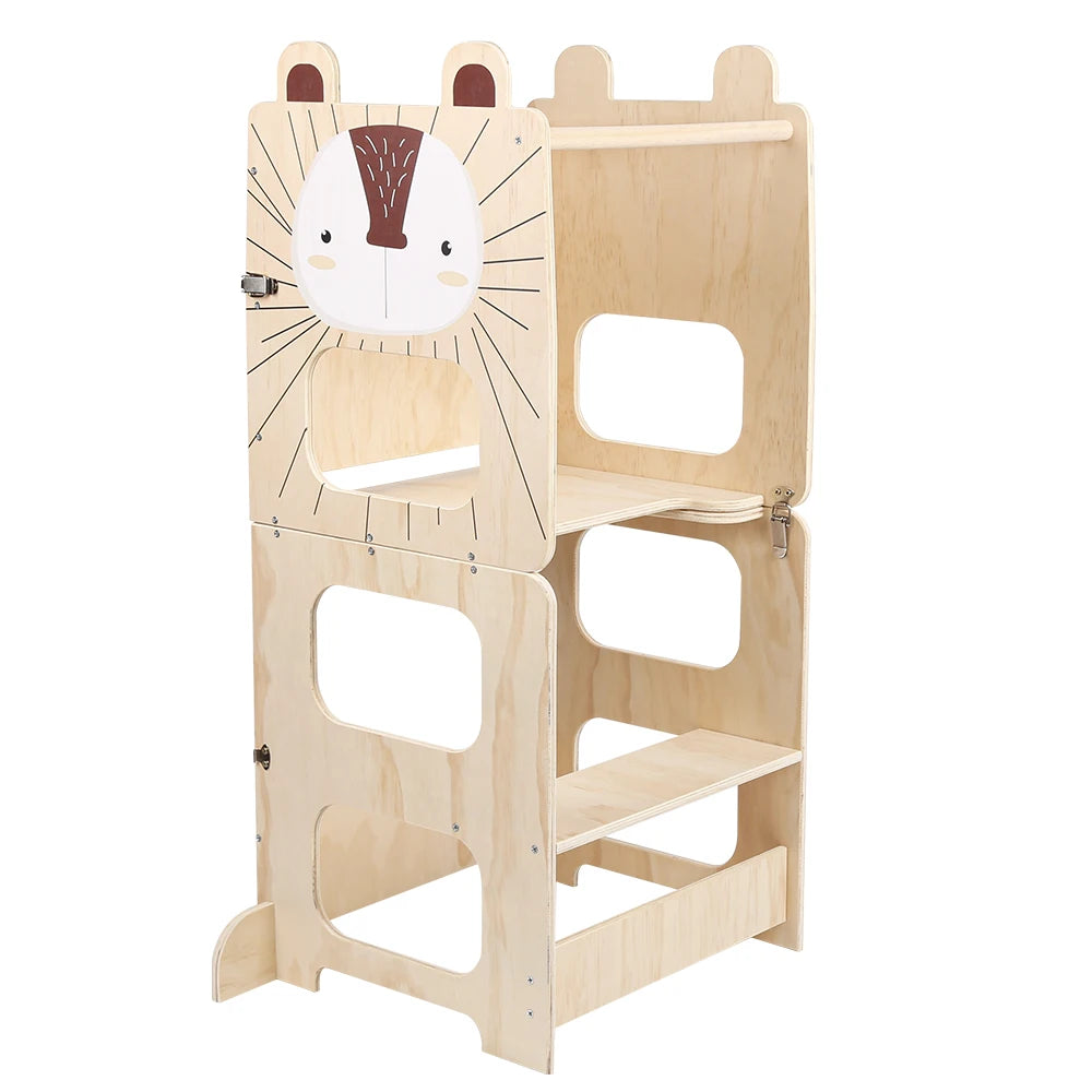 Wooden learning tower converts to desk and chair