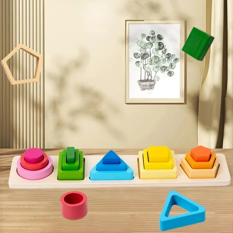 Natural wood sorting toy pieces spread out – 20 pieces