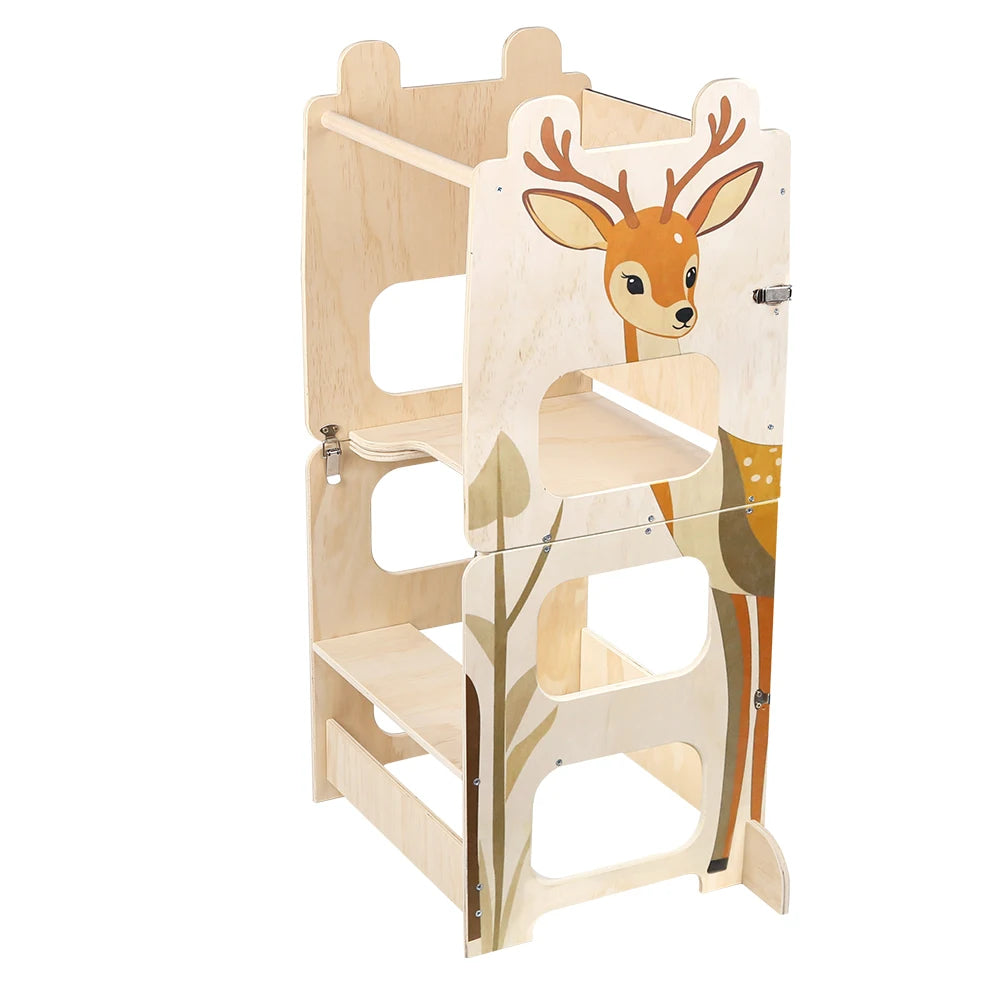 Wooden Montessori tower with cat design detail