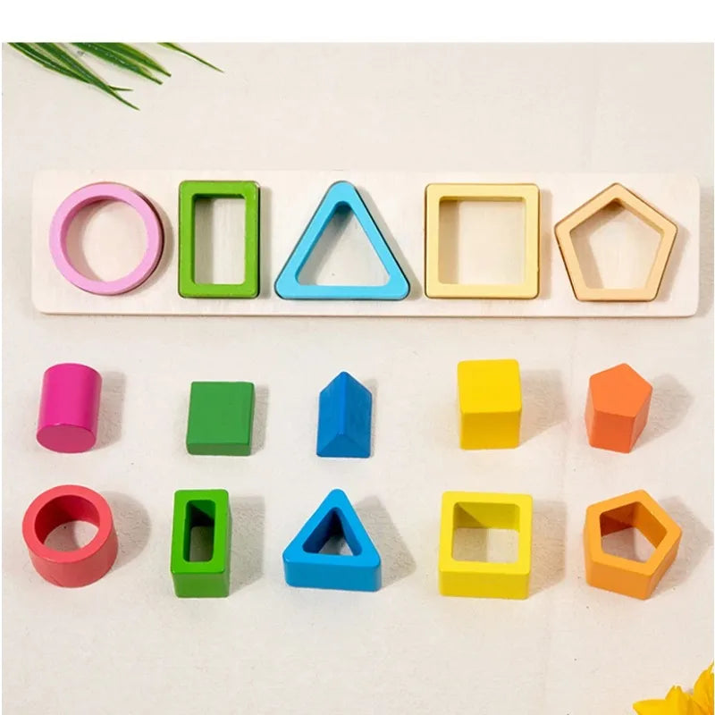 Colorful wooden stacking pieces sorted by shape and color